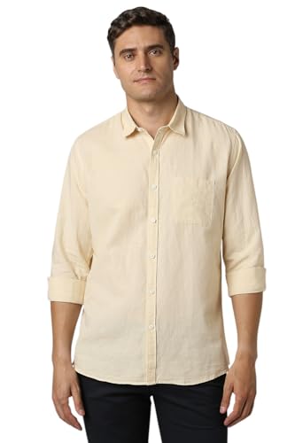Image of Peter England Men's Solid Linen Blend Shirt Slim Fit| Casual Wear | Full Sleeves