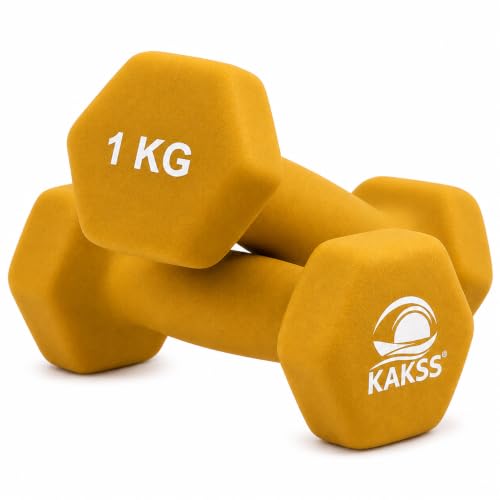 Image of KAKSS Neoprene Dumbbells Set, 2kg (2 x 1kg), Gold Hex Dumbbells with Easy-Grip Coated Finish, Cast Iron Hand Weights for Home Gym Equipment and Fitness Training for Women and Men