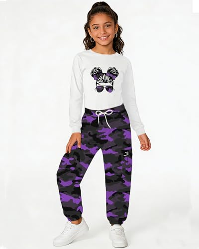 Image of Betusline Girls Fall Winter Clothing Sets, Long Sleeve Crop Top & Cargo Jogger Pants 2 Piece Outfit Sets,4T-14Y