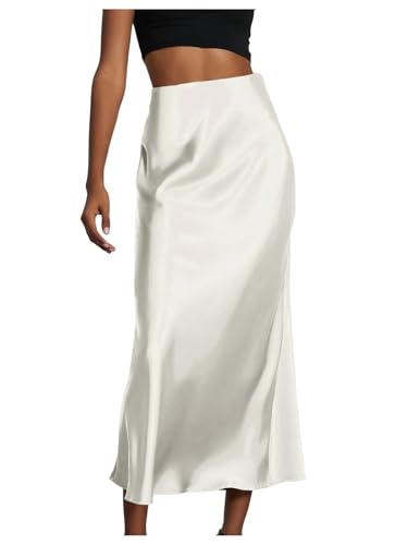 SOLY HUX Women's Elegant Satin Skirts High Waisted Flared Casual Work Office Fishtail Midi Skirt Pure White X-Small