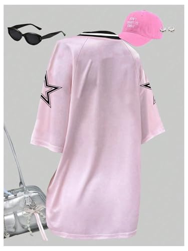 Image of RoseSeek Girl's Jersey Y2K Oversized Graphic Number Print Tops V Neck Short Sleeve T Shirt Hip Pop Tee Streetwear