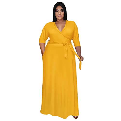 Image of Nmoder Plus Size Maxi Dress for Women - Summer Casual 3 /4 Sleeve Floral Flowy Long Dress with Belt XL- 6XL