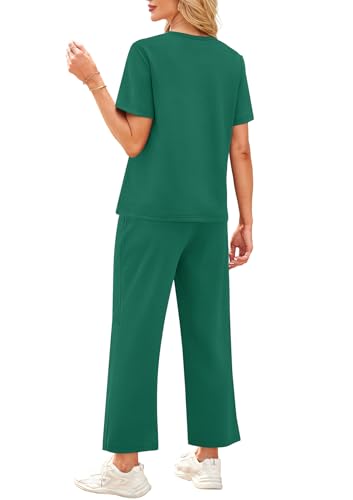 Image of WIHOLL 2 Piece Sets for Women Casual Summer Travel Vacation Outfits Short Sleeve Wide Leg Crop Pants Lounge Sets