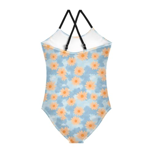 senya Girls Swimsuits One-Piece Swimwear Tie Bathing Suit Beach Summer Round Neck 7-8T Orange Daisy Pattern2