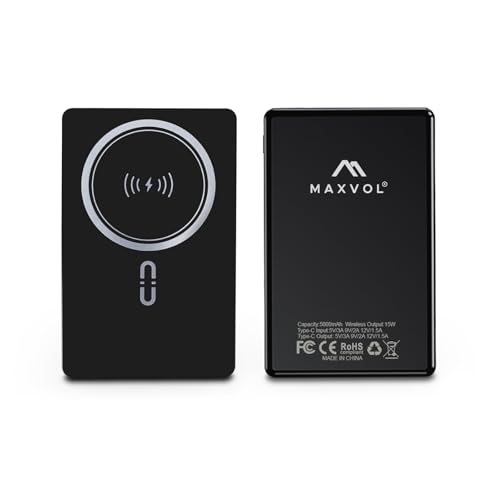 MAXVOL Wireless Power Bank Charger: 5000mAh 8MM Ultra-slim Portable Magnetic Battery Pack PD 20W Fast Charge USB-C External Power Bank Compatible with iPhone 15/14/13/12 Samsung Android | Black