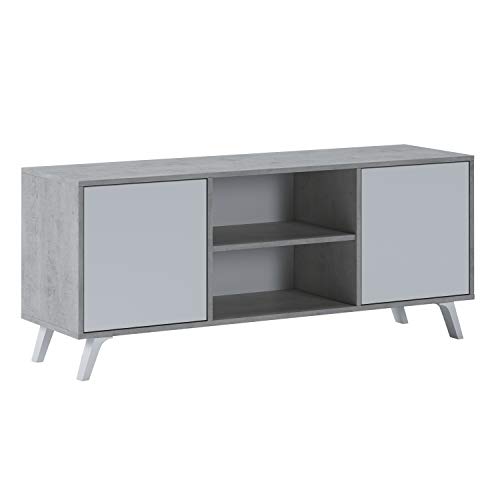 Mueble TV con 2 Puertas para Salón, Comedor, Modelo Wind, Color Estructura Cemento y Puerta Blanco Mate, Medidas: 137 cm (Ancho) x 40 cm (Fondo) x 57 cm (Alto) Cover
