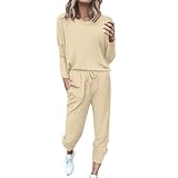 Generisch Conjunto de ropa de salón de 2 piezas para mujer, jersey de punto de manga larga y pantalones de chándal de pierna ancha, beige, XL
