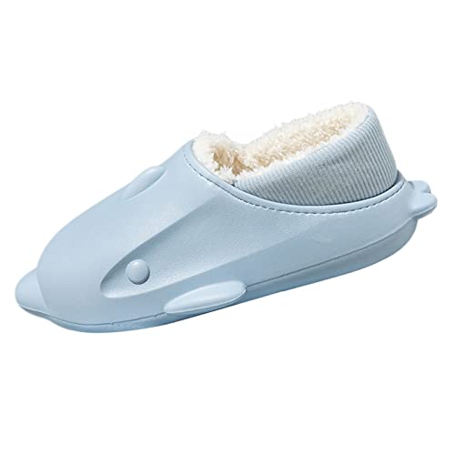 RTPR Pantuflas planas cómodas zapatillas para exterior interior bolsa impermeable para mujer e invierno dibujos animados para interior antideslizante, fondo grueso, forro polar, algodón cálido, azul,