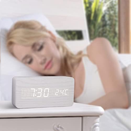GINZER LED Digital Wood Alarm Clock, Bedside Silent Wooden Clock with Multiple Alarm and 5 Level Brightness, Big White Digit Display, Snooze, Non Ticking, Mains Powered or Battery Operated, White