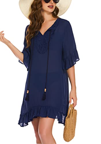 Ai'mage Swimsuit Cover Up Womens Bathing Suit Coverups Bikini Beach Shirt Tunic Dress(Navy Blue,S) #TOP1