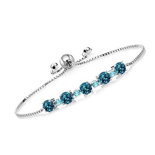 Gem Stone King 925 Sterling Silver Gemstone Birthstone and Swiss Blue Topaz Tennis Bracelet for Women | Round 5MM and 2.5MM | Adjustable Bolo Design | Easy-On Easy-Off | Fully Adjustable Up to 9 Inch