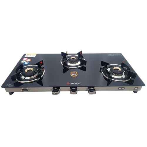Image of Unicook Ultra Slim 3 Burner Gas Stove | Auto Ignition | Forged Brass Burners | 6mm Glass Cooktop | ISI Certified | 3 Years Warranty on Glass & Burners + 2 Year Comprehensive Warranty