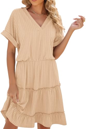 Image of PerZeal Women's Casual V Neck Short Sleeve Tiered Dress Ruffle Hem A-Line Flowy Swing Midi Dresses