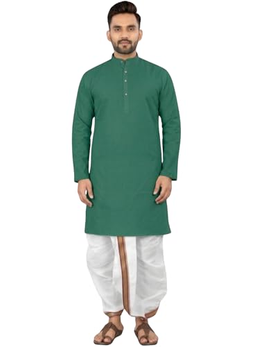 Image of UNIQUE MOMENTS Men's Cotton Dhoti Kurta Set with Full Sleeves Solid Pattern Modern Style and Mandarin Collar Neck | Perfect for Puja & Celebrations