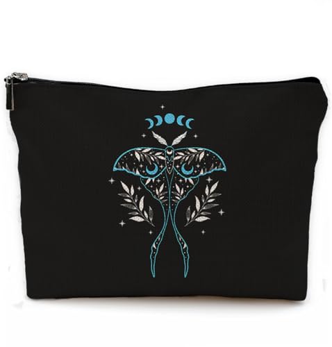 NEGIGA Blue Luna Moth Witch Makeup Bag, Goth Gothic Butterfly Moth Makeup Bag, Witch Witchy Gifts for Women, Moon Small Makeup Cosmetic Bag for Purse, beige