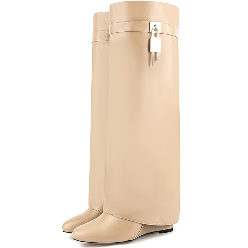 Image of Fold Over Knee High Boots for Women Pointy Pull-on Wedge Heel Knee Shark Boot With Side Zipper Covered Wedge Heel Padlock Boot