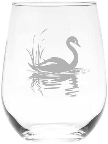 C M - Serene Lake Swan Design Stemless Wine Glass -...