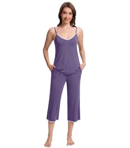 WiWi Womens Pajama Sets Soft Capris Lingerie Sleepwear Camisole Top PJs V Neck Bamboo Viscose...