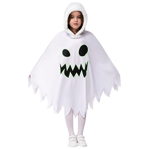 Spooktacular Creations Vestido de fantasma sorridente assustador para meninos com capuz, capa de Halloween para meninas e cosplay fantasma XS (3-4 anos)
