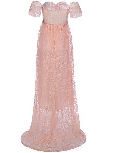RICWINANN-Womens-Off-Shoulder-Ruffle-Sleeve-Lace-Maternity-Gown-Maxi-Photography-Dress-Peach-Pink-Medium