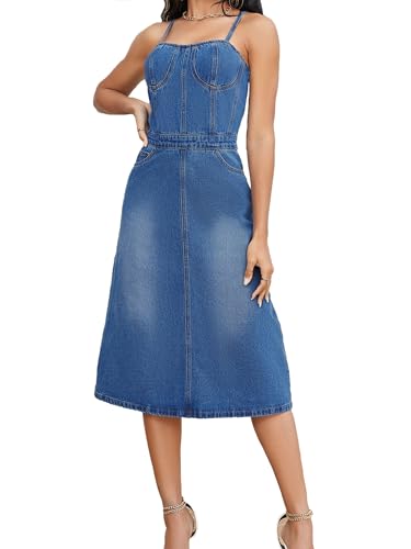 Amazon.com: Xadsfeel Women's Sleeveless Denim Midi Dress Sexy Spaghetti  Strap Bodycon Jean Long Dresses, Blue, Small : Clothing, Shoes & Jewelry
