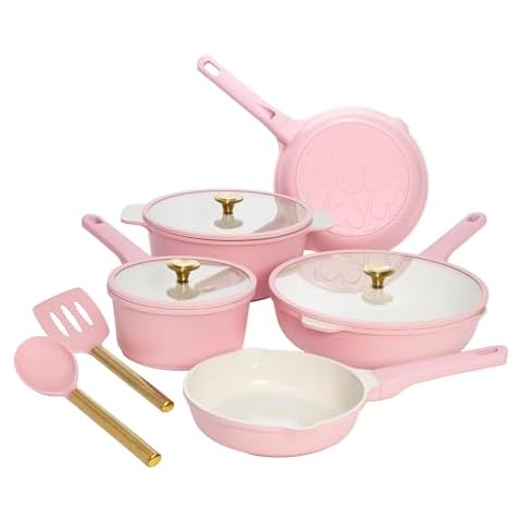 Paris Hilton Ceramic Nonstick Cookware Set, Cast Aluminum with Dual Layer Nonstick Coating, Gold Heart Knobs, Stay-Cool Handles, Made without PFAS, PFOA, PFOS & PTFE, Dishwasher Safe, 10-Piece, Pink Cover