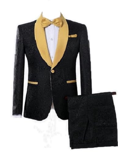 2024 Mens 2 Piece Jacquard Dress Suit Set One Button Tuxedo Blazer & Pants with Gold Lapel Shawl Jacket JXZ043
