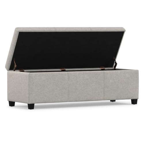 Image of SIMPLIHOME Avalon - Banco contemporaneo tipo otomana rectangular con almacenamiento de 48 pulgadas de ancho, en tela con aspecto de lino color gris nube, para sala de estar, entrada y sala familiar