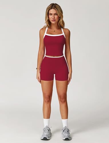 Image of ABOCIW 2 Pieces Workout Sets for Women, Cross Back Tank Top Matching High Waist Biker Shorts, Gym Yoga Pilates Outfits