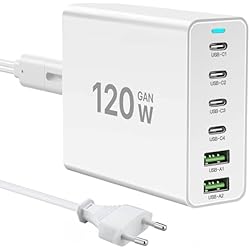 Cargador Xiaomi De 200W Cargador USB C de 120W, Cargador múltiple USB 【4USB-C + 2USB-A】 Cargador PD, estación de Carga de 6 Puertos Compatible con iPhone/Samsung/Google/Tablet/Mobil Power y Otros Dispositivos USB(Blanco)