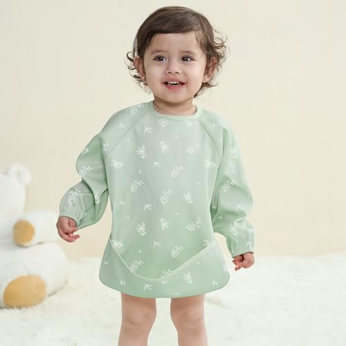 Image of Susurration Baby Long Sleeve Bib Waterproof Sleeved Bib Smock for Baby | 2 Pack Baby Reusable Feeding bibs, 6-36 Months Baby Feeding Essentials - Green Elephant
