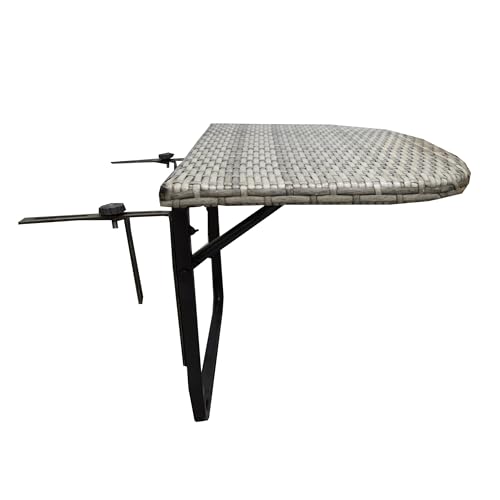 Image of White Indoor and Outdoor Foldable Wicker Balcony Table with Metal Frame and Adjustable Clamps