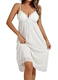 CYCTANG Women's White Long Nightgown with Built in Bra Lace Trim Babydoll Lingerie Dress Double Layer Mesh Flowy Dress