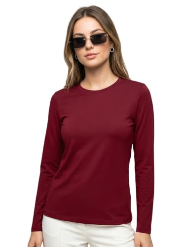 Image of JUNEBERRY Pure Cotton Round Neck Regular Fit Core Fashion Solid Full Sleeve T-Shirt for Women & Girls (Colors: Black, Cork, Green, Navy, Swanwhite & White)