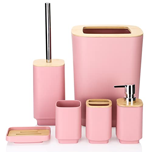 JOTOM Bamboo Bathroom Accessories Set of 6 Modern Design 6 Pieces Bathroom Accessory Set Soap Dispenser Toothbrush Holder Tooth Mug Soap Dish Toilet Brush Rubbish for Bathroom Home Decor (Pink)