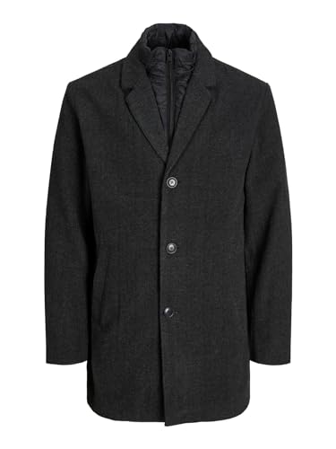 JACK & JONES Mantel aus Wollmischung mit Fischgrätenmuster, Rever und Knopfleiste vorne. Unter Mantel in Jacke 100 g mit durchgehendem Reißverschluss koreanischer Kragen., dunkelgrau, XL