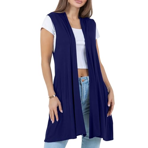 Image of Azules Sleeveless Long Cardigan for Women with Pockets - Lightweight Open Front, Flowy Dressy Layer for Work or Casual Wear