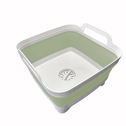 Image of Leemeimei 9L (2.4Gal) Dish Basin Collapsible with Drain Plug , Space Saveing Kitchen Storage Tray Dish Wash Basin, Portable Dish Tub, Foldable Dishpan for Camping ,RV,Green