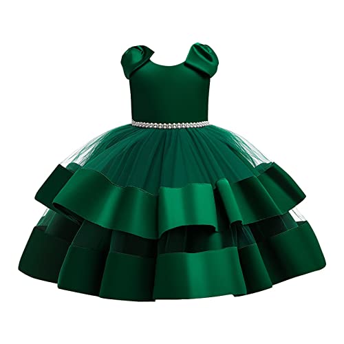 Tea Party Dress for Girls Children's Dress Princess Dress Girls Beaded Bow Knot Puff Cake Dress for Festival (Green, 9-10 Years)
