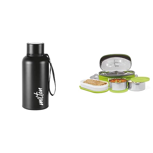 Image of Milton Aura 500 Thermosteel Bottle, 520 ml, Black & MILTON Executive Insulated Lunch Box (2 Container, 280 ml Each; 1 Microwave Safe Container, 450 ml), Green