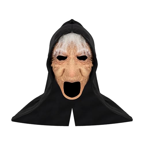 Beisto Halloween Scary Witch Mask with Medieval Cowl Cackling Old Hag Costume Mask with Attached Cape Creepy Halloween Cosplay Masquerade Party Costume Prank Prop for Adult Women Men