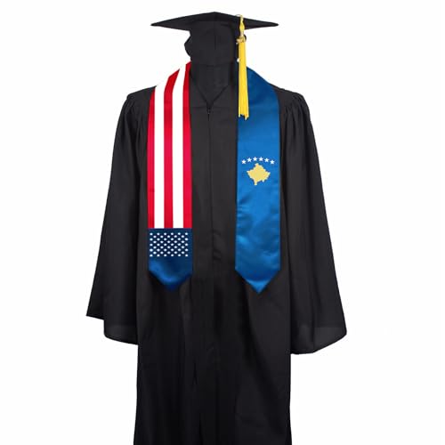 SECUNL Kosovo National & USA Flag Graduation Stole Sash Scarf Double Sided International Student Graduation Decoration Item Gift
