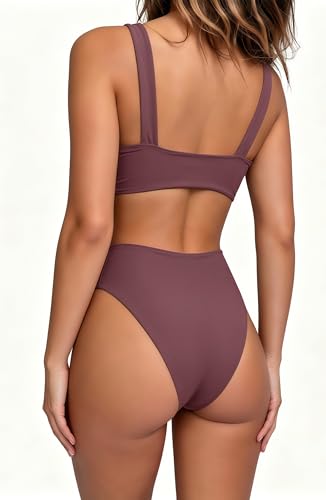Image of geluboao Bikini Set for Women Solid V Neck Knot Front Push Up High Leg Thong Two Piece Swimsuit