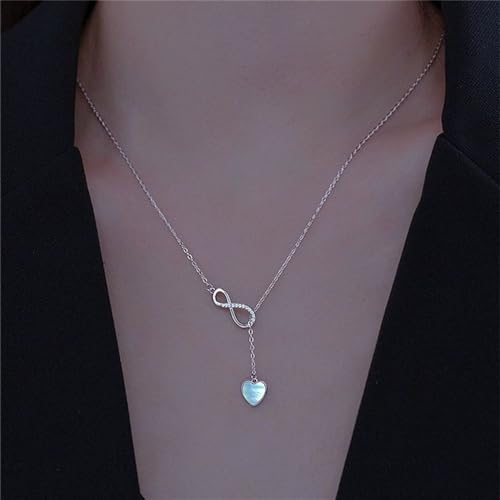 Infinity Lariat Y-Necklace for Women 925 Sterling Silver Love Heart Mother of Pearl Pendant Long Link Chain Necklaces Adjustable Delicate Wedding Birthday Valentines Jewelry Gift 20 inches4