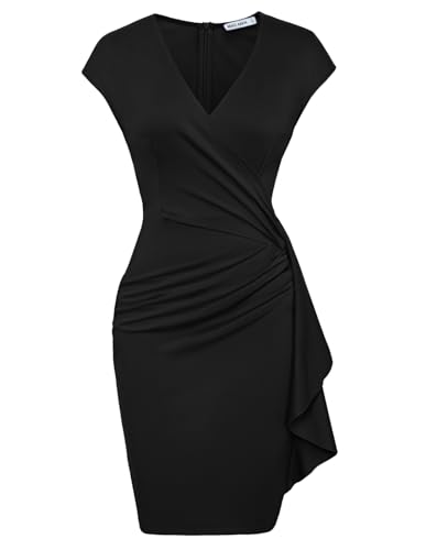 GRACE KARIN Summer Bodycon Dress for Women UK V-Neck Cap Sleeve Ruched Plain Club Night Out Mini Cocktail Dress Black L