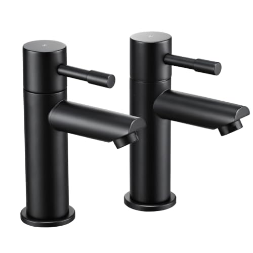 Image of Wasserrhythm Bath Pillar Taps Pair Black Twin Bathroom Tap 2 Hole Lead-Free