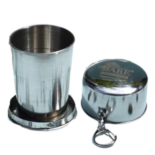 Image of Bare necessities Collapsible Travel Mug | Portable Glass for Drinking Tea, Coffee, Milk, Juice | Expandable Food Grade Stainless Steel Cup with Lid for Outdoor Camping | Reusable Tumbler 150 ml