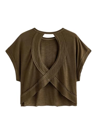 Image of SOLY HUX Women Open Back Tops Workout Backless Tee Casual Athletic Shirts Short Sleeve Oversized Gym T Shirt