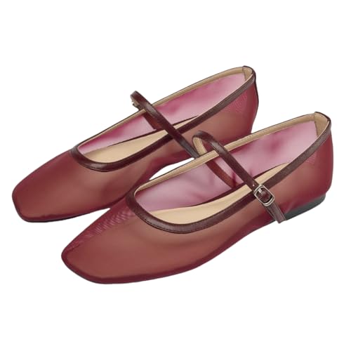 UFEDO Mesh Ballet Flats for Women Square Toe Adjustable Ankle Strap Ballerina Mary Jane Shoes