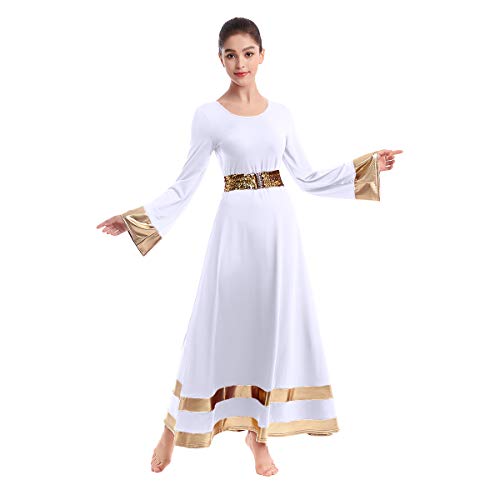 Women Metallic V Neck Praise Dance Dress Liturgical Worship Costume Bi Color Bell Long Sleeve Church Robe Praisewear